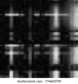 Abstract grunge grid polka dot halftone background pattern. Spotted black and white vector line illustration
