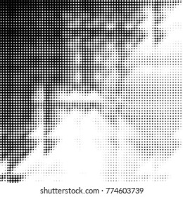 Abstract grunge grid polka dot halftone background pattern. Spotted black and white vector line illustration
