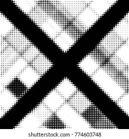 Abstract grunge grid polka dot halftone background pattern. Spotted black and white vector line illustration
