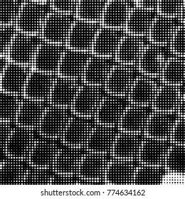 Abstract grunge grid polka dot halftone background pattern. Spotted black and white vector line illustration
