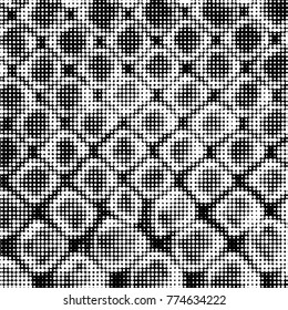 Abstract grunge grid polka dot halftone background pattern. Spotted black and white vector line illustration
