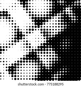 Abstract grunge grid polka dot halftone background pattern. Spotted black and white vector line illustration
