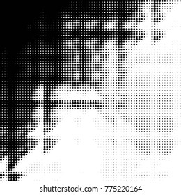 Abstract grunge grid polka dot halftone background pattern. Spotted black and white vector line illustration
