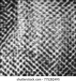 Abstract grunge grid polka dot halftone background pattern. Spotted black and white vector line illustration
