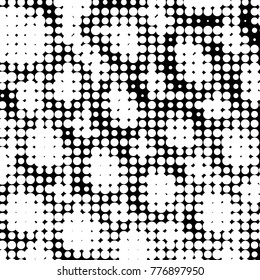Abstract grunge grid polka dot halftone background pattern. Spotted black and white vector line illustration
