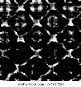 Abstract grunge grid polka dot halftone background pattern. Spotted black and white vector line illustration
