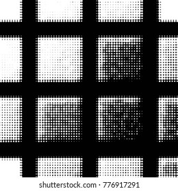 Abstract grunge grid polka dot halftone background pattern. Spotted black and white vector line illustration
