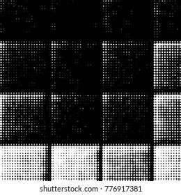 Abstract grunge grid polka dot halftone background pattern. Spotted black and white vector line illustration
