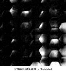 Abstract grunge grid polka dot halftone background pattern. Spotted black and white vector line illustration
