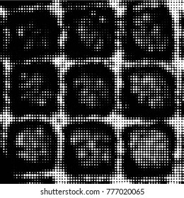Abstract grunge grid polka dot halftone background pattern. Spotted black and white vector line illustration
