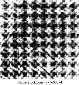 Abstract grunge grid polka dot halftone background pattern. Spotted black and white vector line illustration
