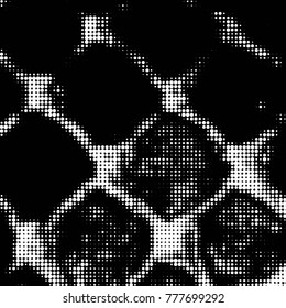 Abstract grunge grid polka dot halftone background pattern. Spotted black and white vector line illustration
