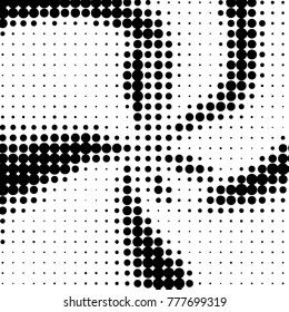 Abstract grunge grid polka dot halftone background pattern. Spotted black and white vector line illustration
