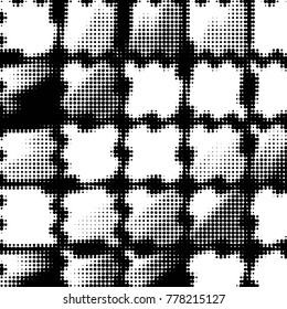 Abstract grunge grid polka dot halftone background pattern. Spotted black and white vector line illustration
