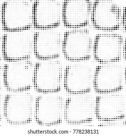 Abstract grunge grid polka dot halftone background pattern. Spotted black and white vector line illustration

