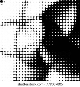 Abstract grunge grid polka dot halftone background pattern. Spotted black and white vector line illustration
