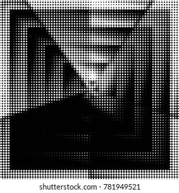 Abstract grunge grid polka dot halftone background pattern. Spotted black and white vector line illustration
