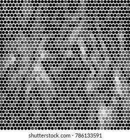 Abstract grunge grid polka dot halftone background pattern. Spotted black and white vector line illustration
