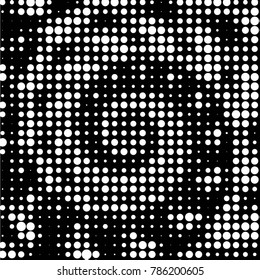 Abstract grunge grid polka dot halftone background pattern. Spotted black and white vector line illustration
