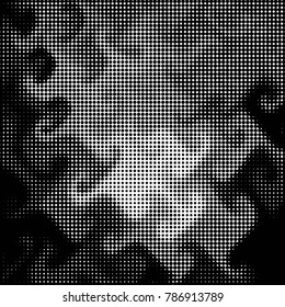 Abstract grunge grid polka dot halftone background pattern. Spotted black and white vector line illustration