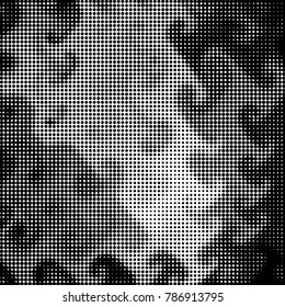 Abstract grunge grid polka dot halftone background pattern. Spotted black and white vector line illustration
