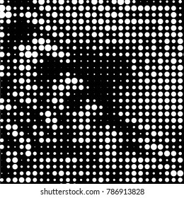 Abstract grunge grid polka dot halftone background pattern. Spotted black and white vector line illustration