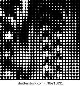 Abstract grunge grid polka dot halftone background pattern. Spotted black and white vector line illustration