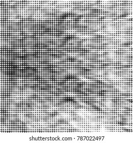 Abstract grunge grid polka dot halftone background pattern. Spotted black and white vector line illustration
