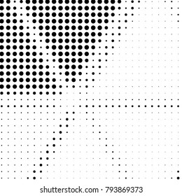 Abstract grunge grid polka dot halftone background pattern. Spotted black and white vector line illustration
