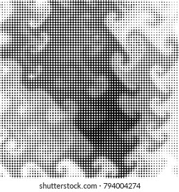 Abstract grunge grid polka dot halftone background pattern. Spotted black and white vector line illustration
