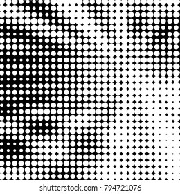 Abstract grunge grid polka dot halftone background pattern. Spotted black and white vector line illustration
