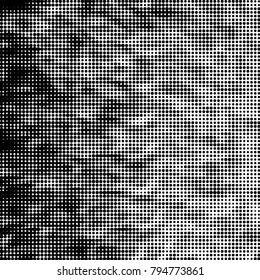 Abstract grunge grid polka dot halftone background pattern. Spotted black and white vector line illustration
