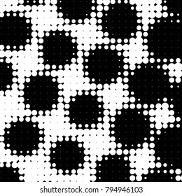 Abstract grunge grid polka dot halftone background pattern. Spotted black and white vector line illustration
