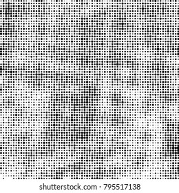 Abstract grunge grid polka dot halftone background pattern. Spotted black and white vector line illustration

