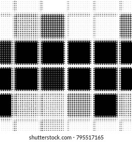 Abstract grunge grid polka dot halftone background pattern. Spotted black and white vector line illustration
