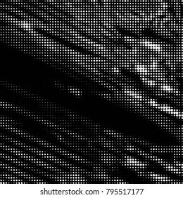 Abstract grunge grid polka dot halftone background pattern. Spotted black and white vector line illustration
