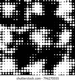 Abstract grunge grid polka dot halftone background pattern. Spotted black and white vector line illustration
