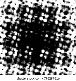 Abstract grunge grid polka dot halftone background pattern. Spotted black and white vector line illustration
