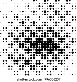 Abstract grunge grid polka dot halftone background pattern. Spotted black and white vector line illustration
