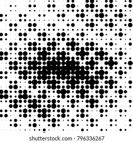 Abstract grunge grid polka dot halftone background pattern. Spotted black and white vector line illustration

