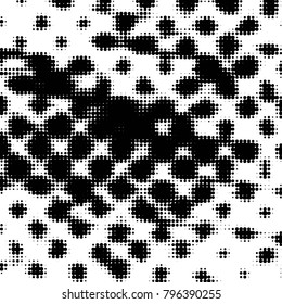 Abstract grunge grid polka dot halftone background pattern. Spotted black and white vector line illustration