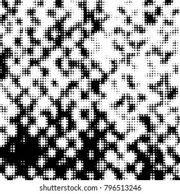 Abstract grunge grid polka dot halftone background pattern. Spotted black and white vector line illustration
