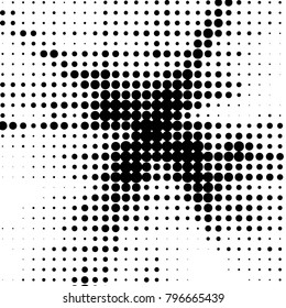 Abstract grunge grid polka dot halftone background pattern. Spotted black and white vector line illustration
