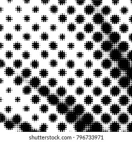 Abstract grunge grid polka dot halftone background pattern. Spotted black and white vector line illustration

