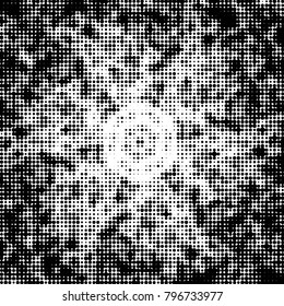 Abstract grunge grid polka dot halftone background pattern. Spotted black and white vector line illustration
