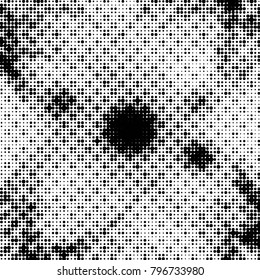 Abstract grunge grid polka dot halftone background pattern. Spotted black and white vector line illustration

