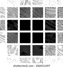 Abstract grunge grid stripe halftone background pattern. Black and white line vector illustration
