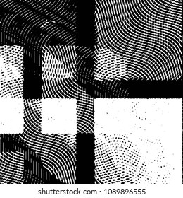 Abstract grunge grid stripe halftone background pattern. Black and white line vector illustration
