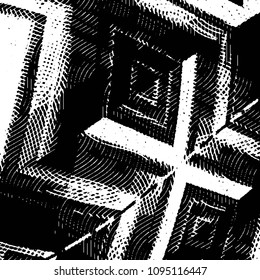 Abstract grunge grid stripe halftone background pattern. Black and white line vector illustration
