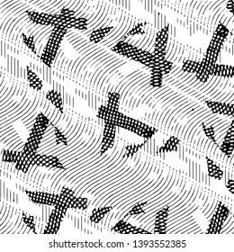 Abstract grunge grid stripe halftone background pattern. Black and white line vector illustration